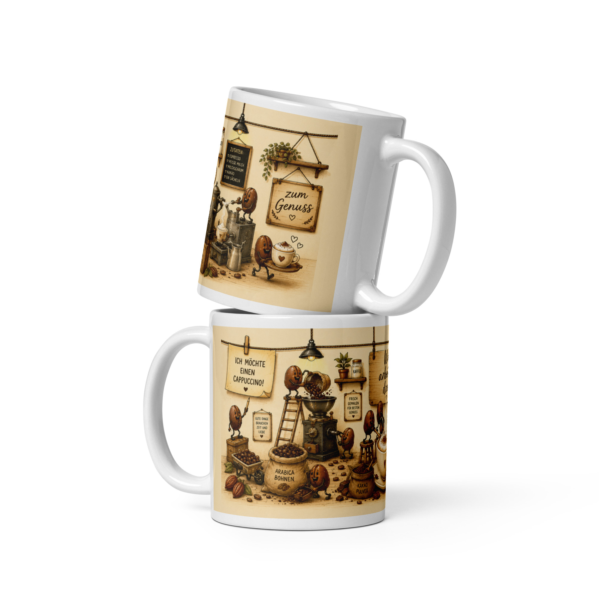 Kaffeetasse „Cappuccino – Wir arbeiten dran!“ – Panoramatasse mit Geschichte