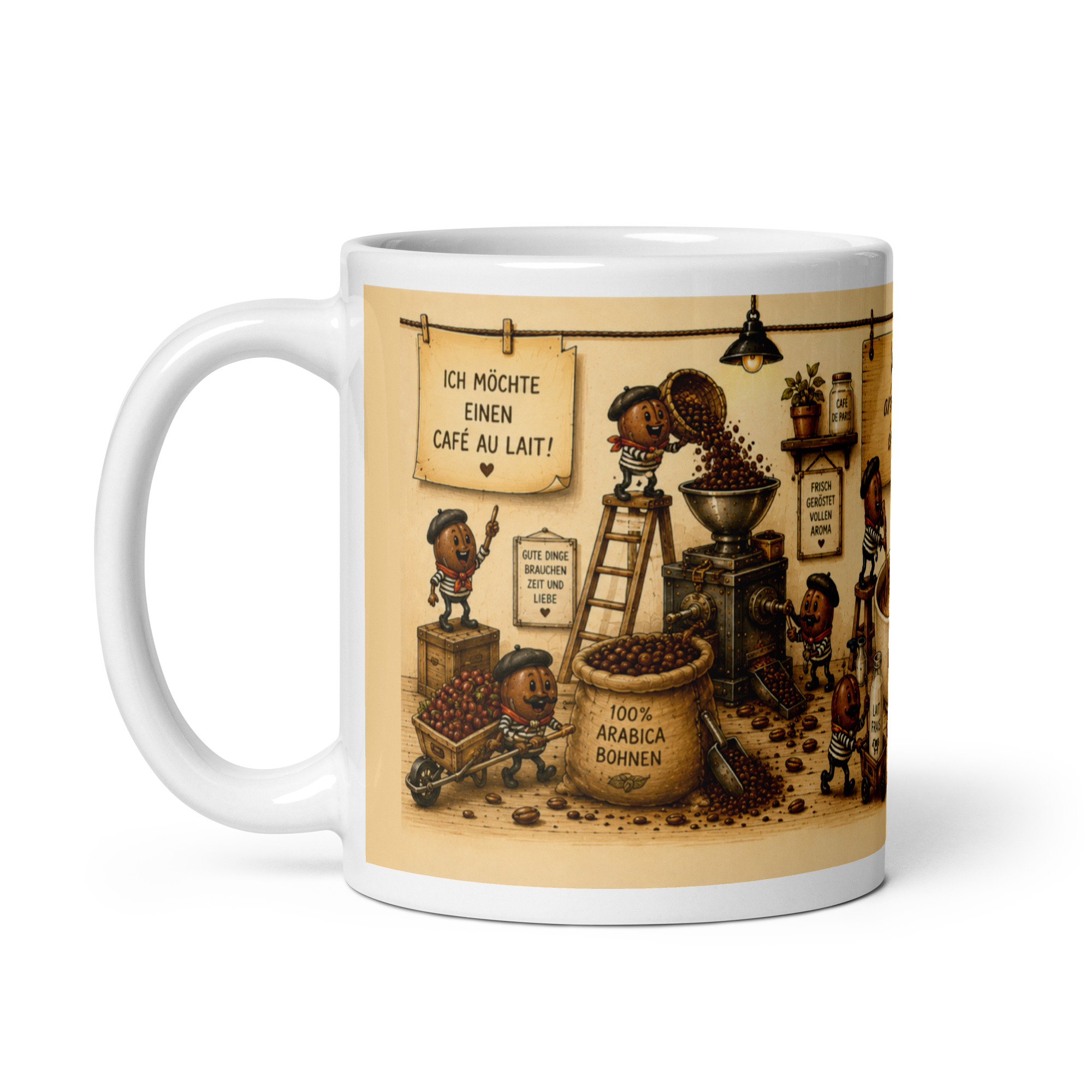 Kaffeetasse "Café au Lait - Wir arbeiten dran!" Panoramatasse mit Geschichte