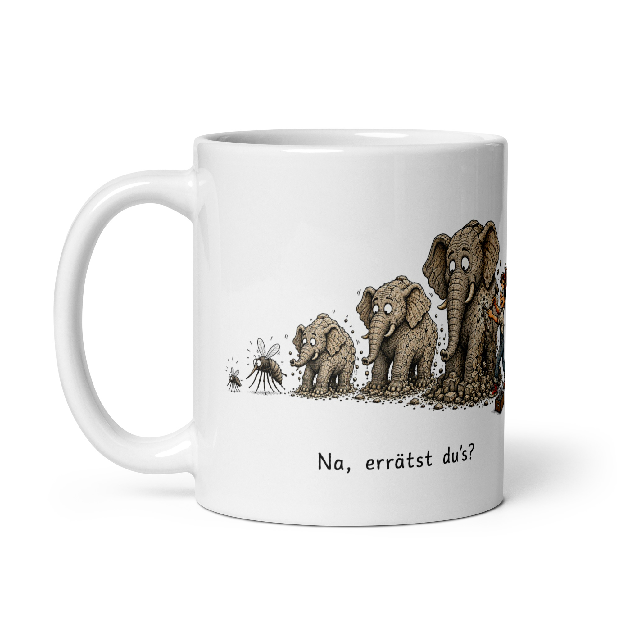 Kaffeetasse „Na, errätst du’s? – Aus einer Mücke einen Elefanten machen“