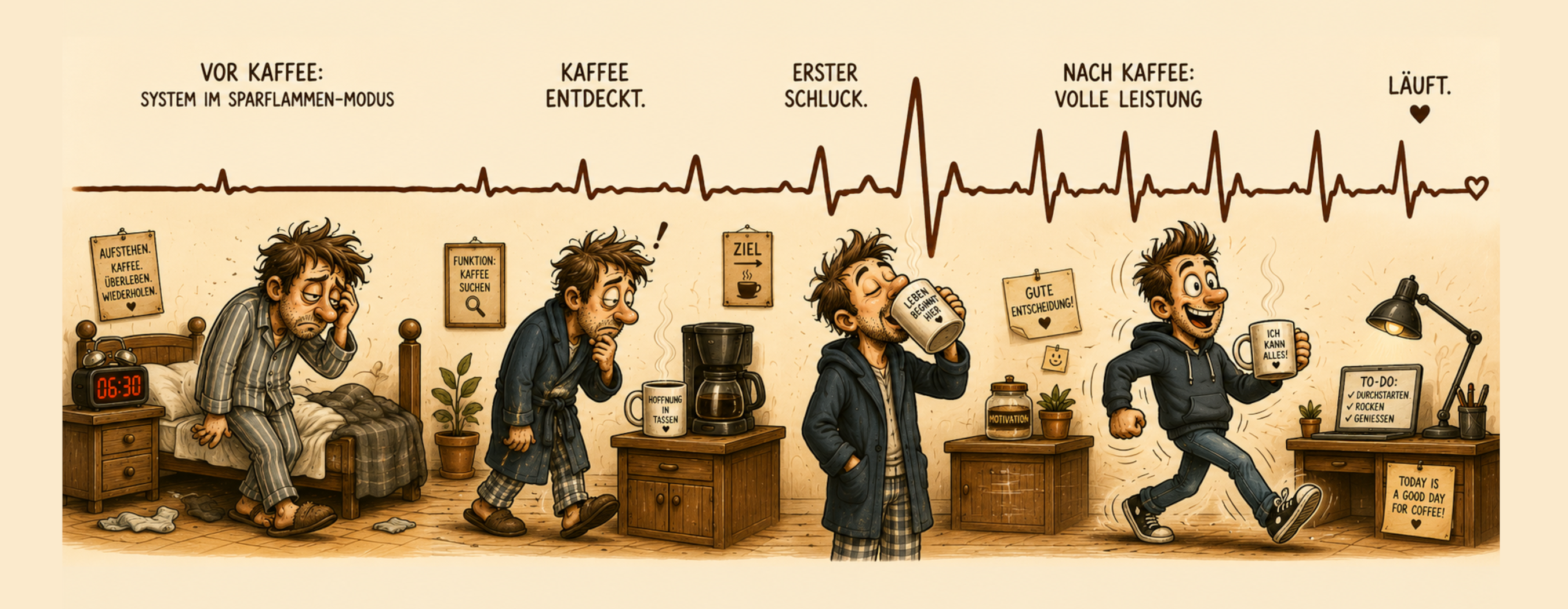 Kaffeetasse „Von Sparflamme auf volle Leistung“ – EKG-Kaffeegeschichte