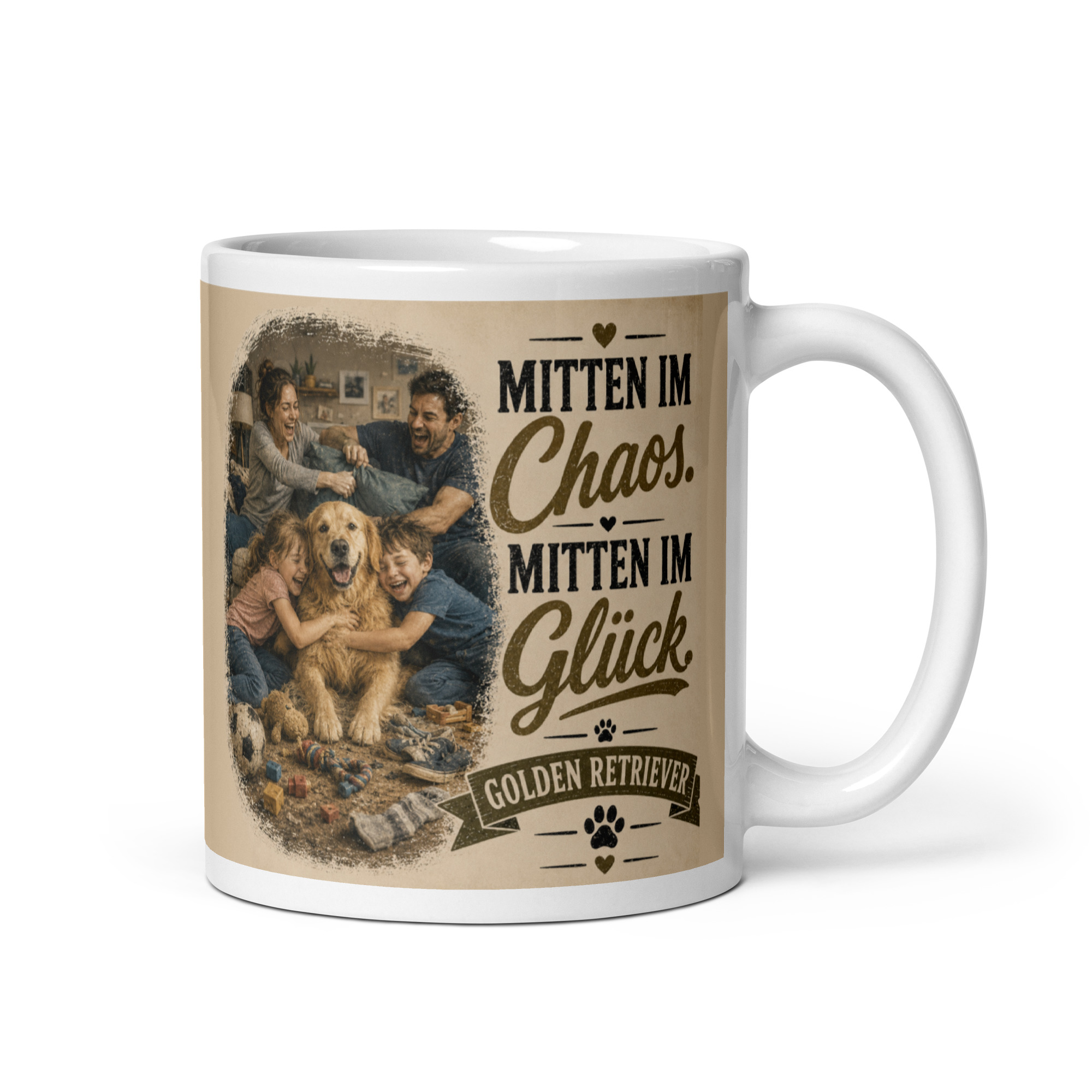 Golden-Retriever-Tasse "Mitten im Chaos. Mitten im Glück." - Geschenk für Golden-Retrieverfans & Hundemenschen