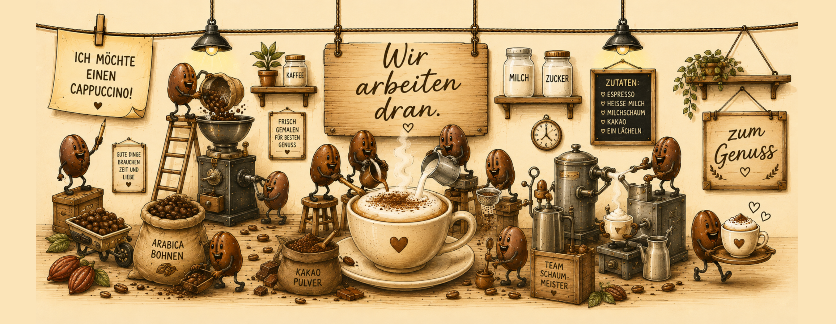 Kaffeetasse „Cappuccino – Wir arbeiten dran!“ – Panoramatasse mit Geschichte
