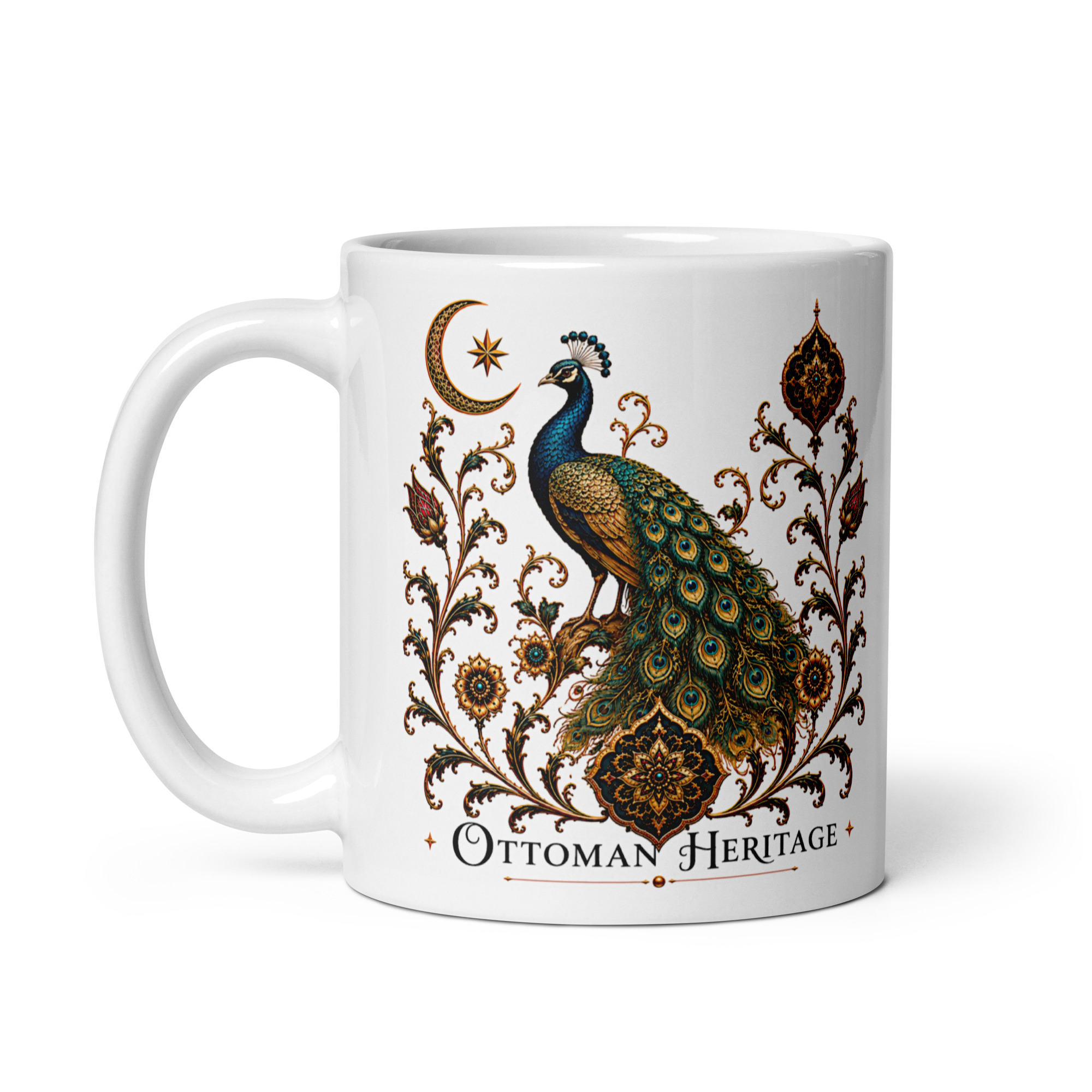 Kaffeetasse „Ottoman Heritage – Pfau“ – Osmanisch inspiriertes Kunstmotiv von Schönheit, Würde und Pracht