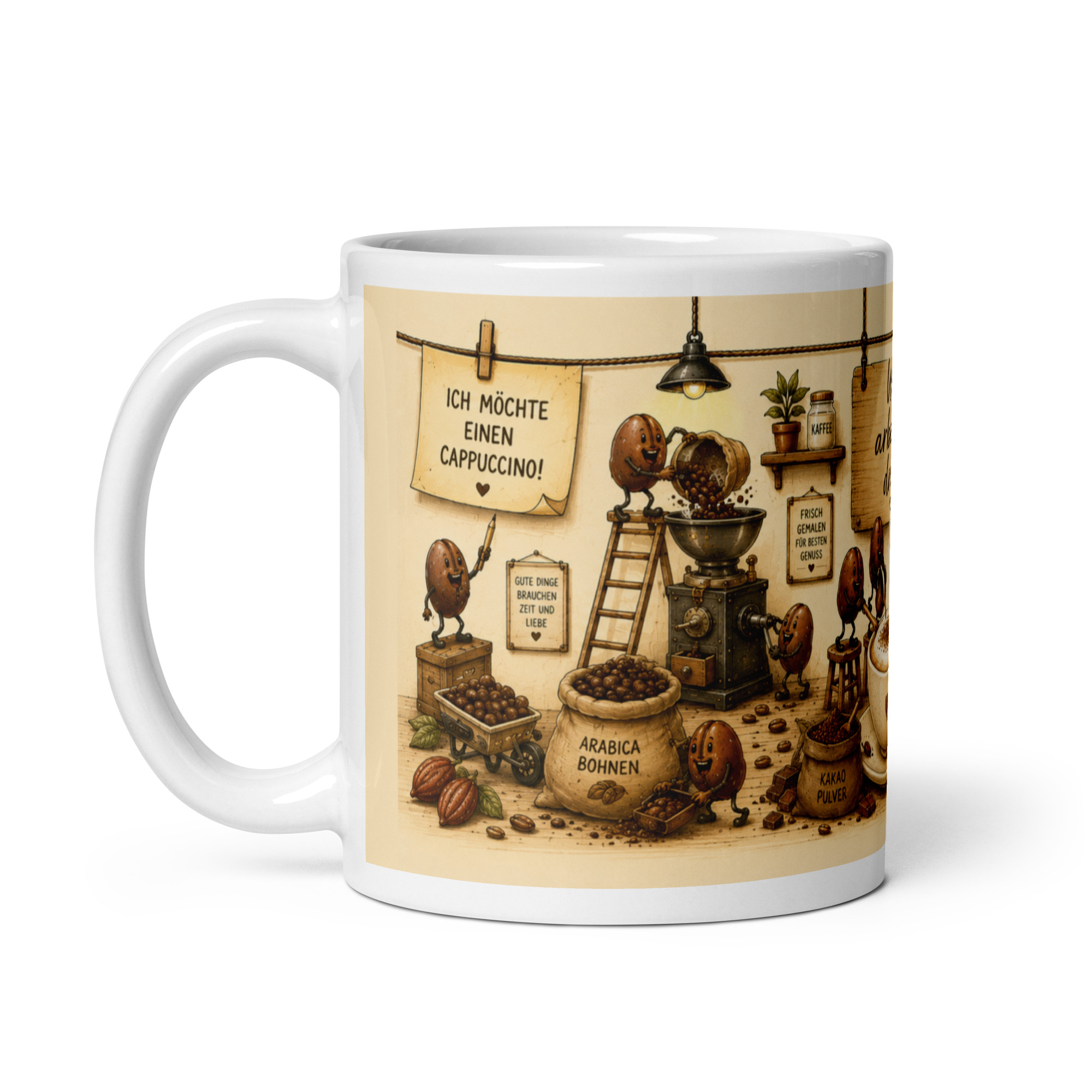 Kaffeetasse „Cappuccino – Wir arbeiten dran!“ – Panoramatasse mit Geschichte