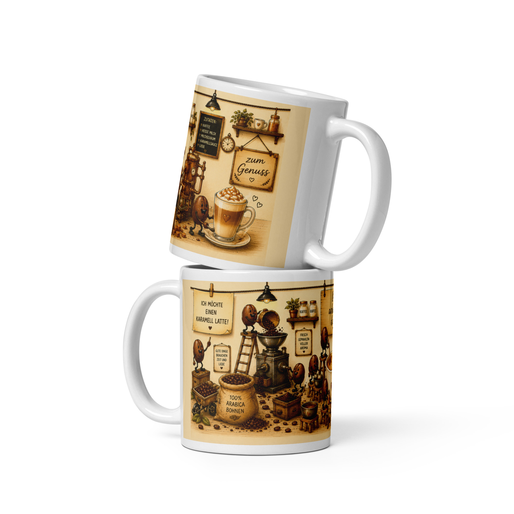Kaffeetasse „Karamell Latte – Wir arbeiten dran!“ – Panoramatasse mit Geschichte