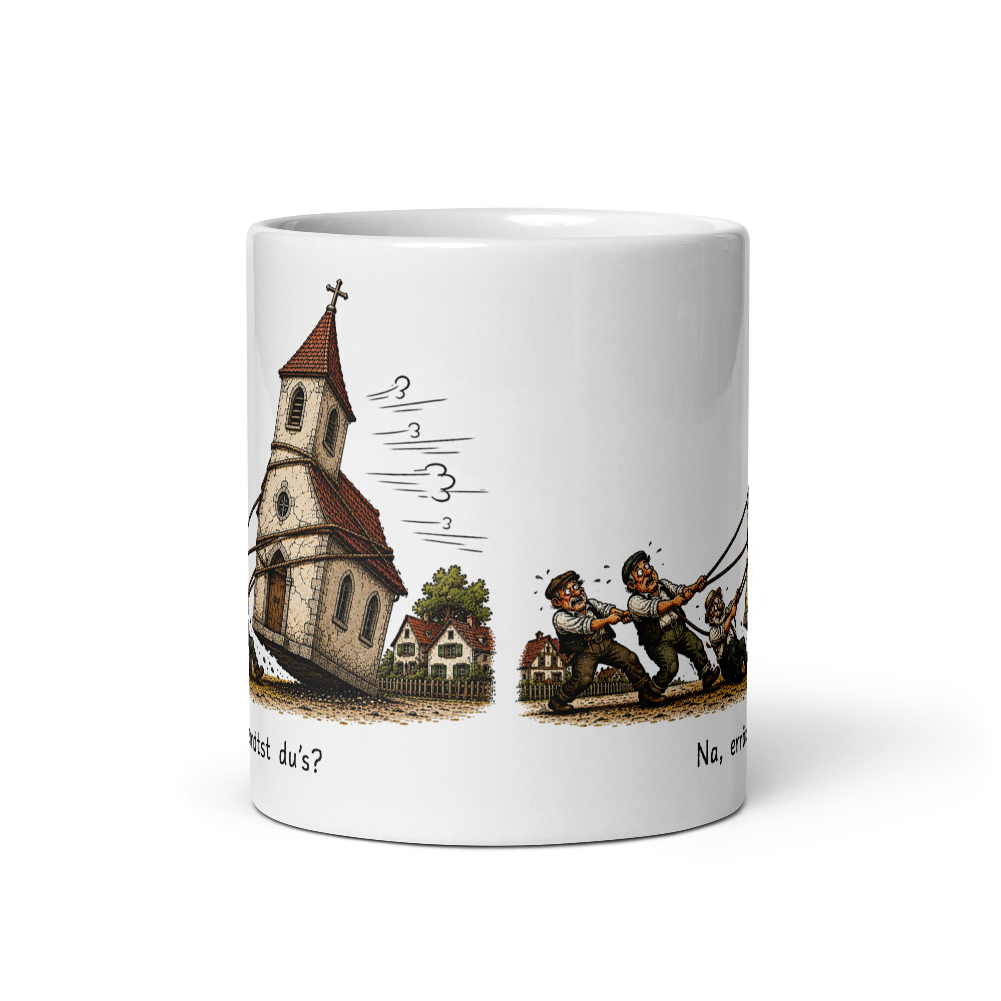 Kaffeetasse „Na, errätst du’s? – Die Kirche im Dorf lassen“