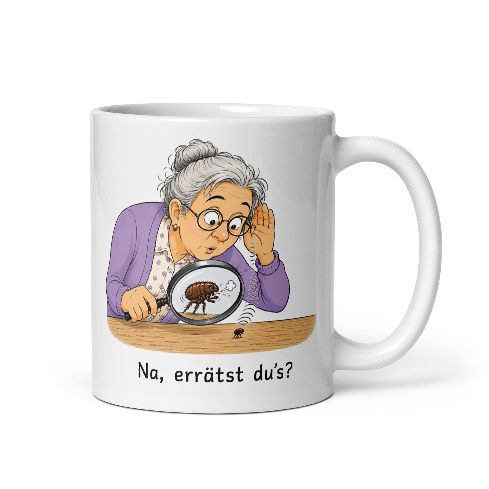 Kaffeetasse „Na, errätst du’s? – Den Floh husten hören“