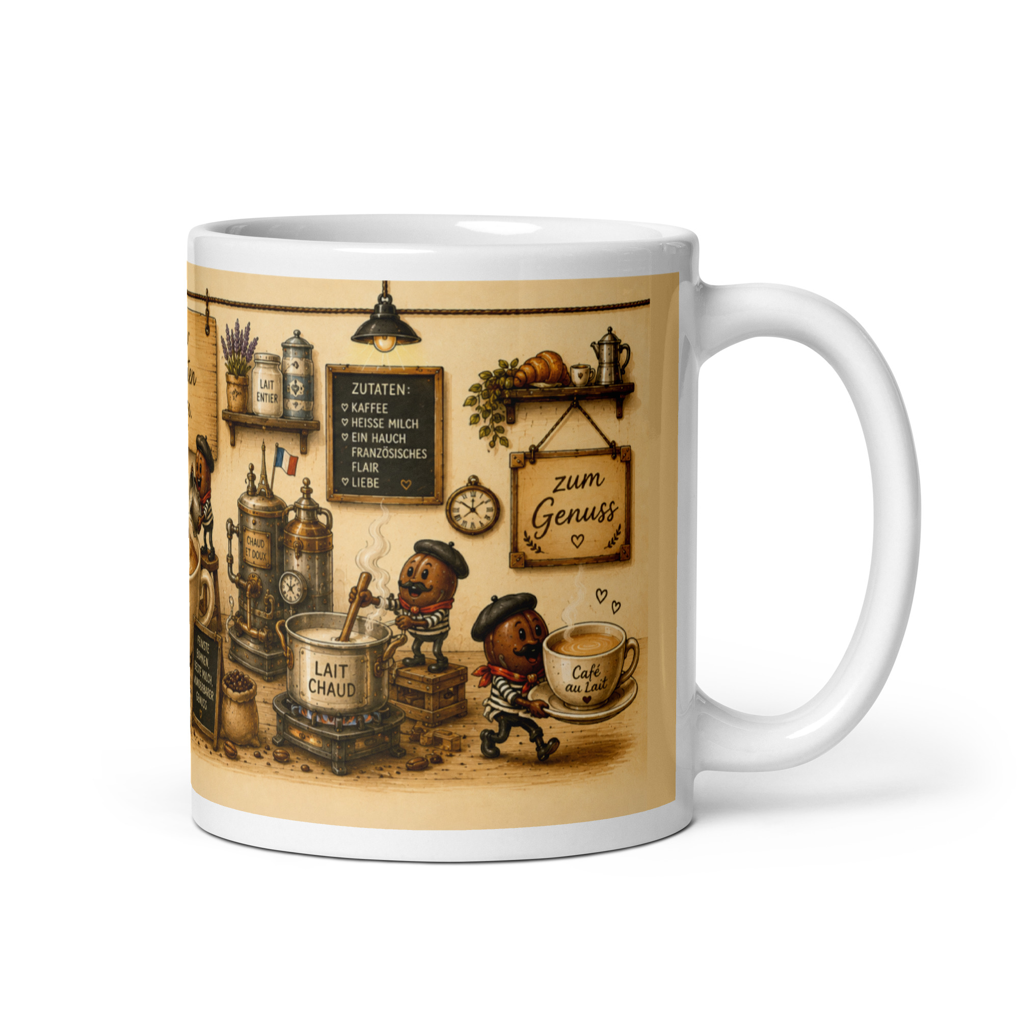Kaffeetasse "Café au Lait - Wir arbeiten dran!" Panoramatasse mit Geschichte