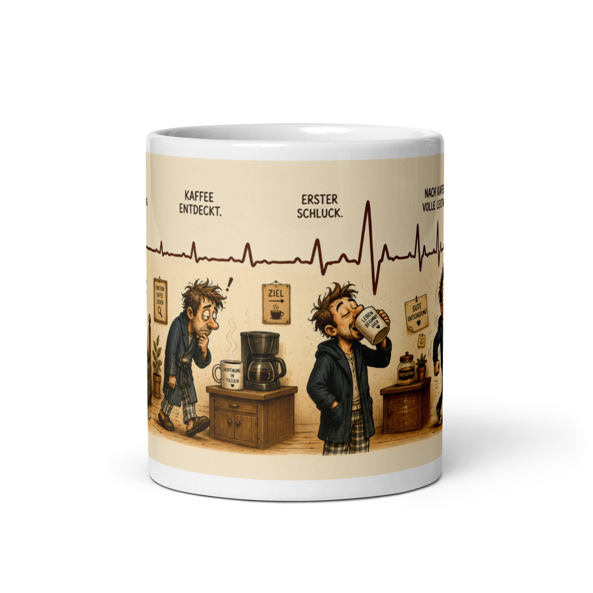 Kaffeetasse „Von Sparflamme auf volle Leistung“ – EKG-Kaffeegeschichte