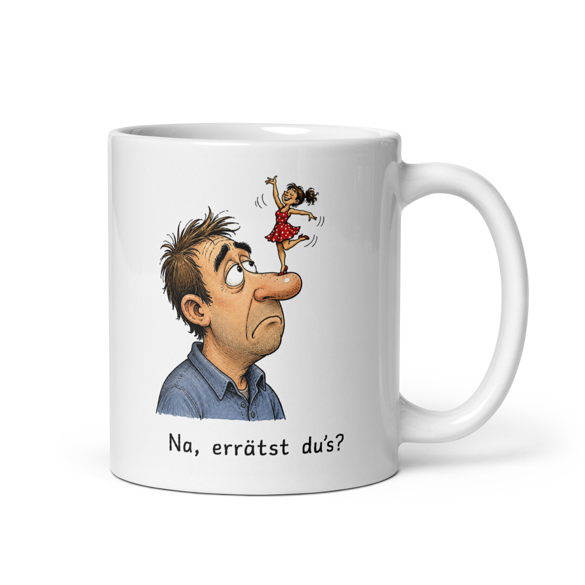 Kaffeetasse „Na, errätst du’s? – Auf der Nase herumtanzen“