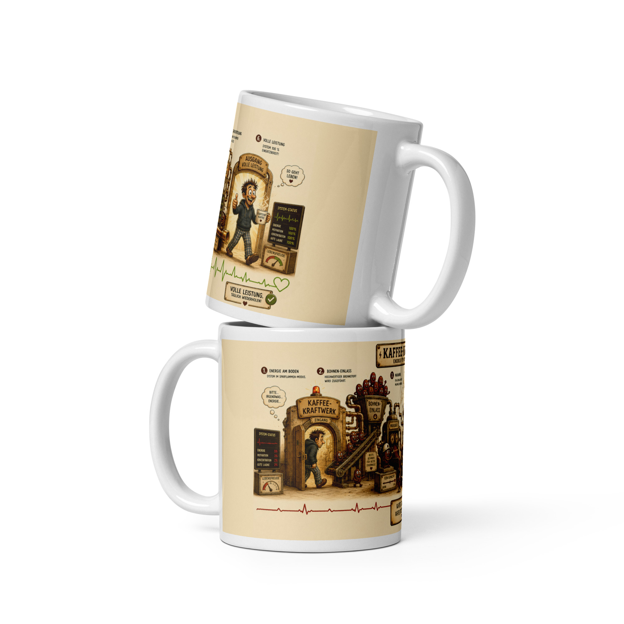 Kaffeetasse „Kaffee-Kraftwerk – Energie für Mensch & Maschine“ – Panoramatasse mit Geschichte