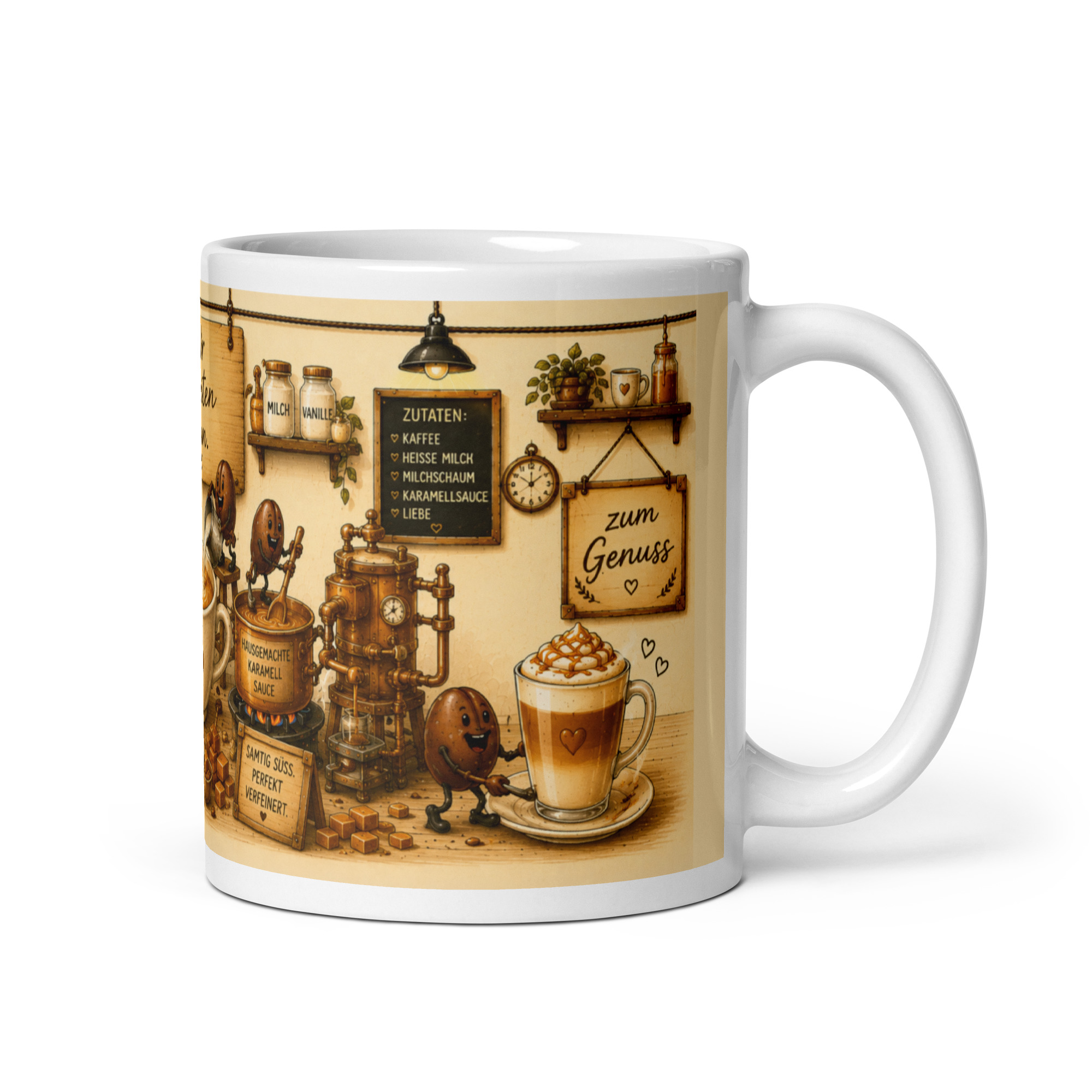 Kaffeetasse „Karamell Latte – Wir arbeiten dran!“ – Panoramatasse mit Geschichte