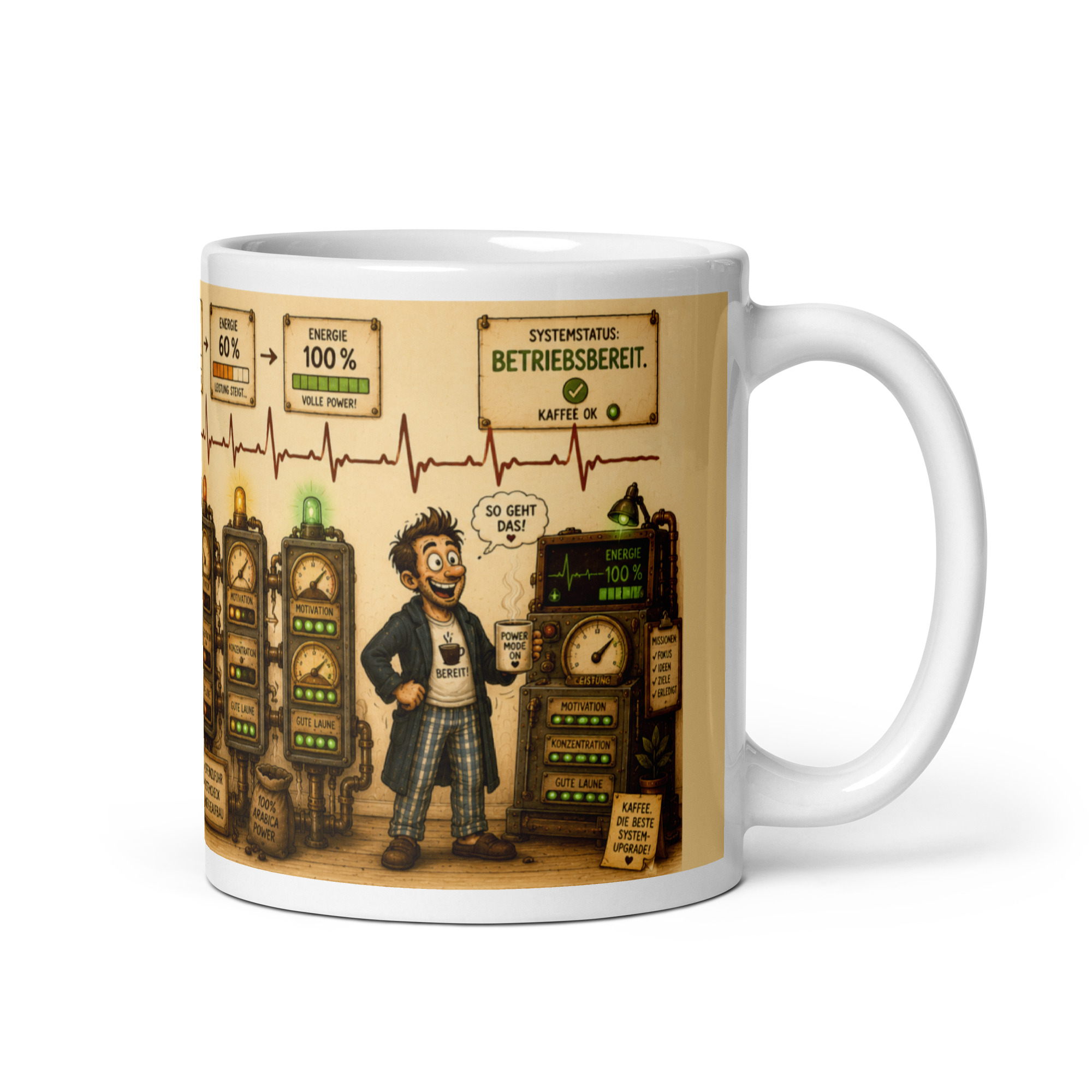 Kaffeetasse „Kaffee-System – Energie 2 % auf 100 %“ – Panoramatasse mit Geschichte