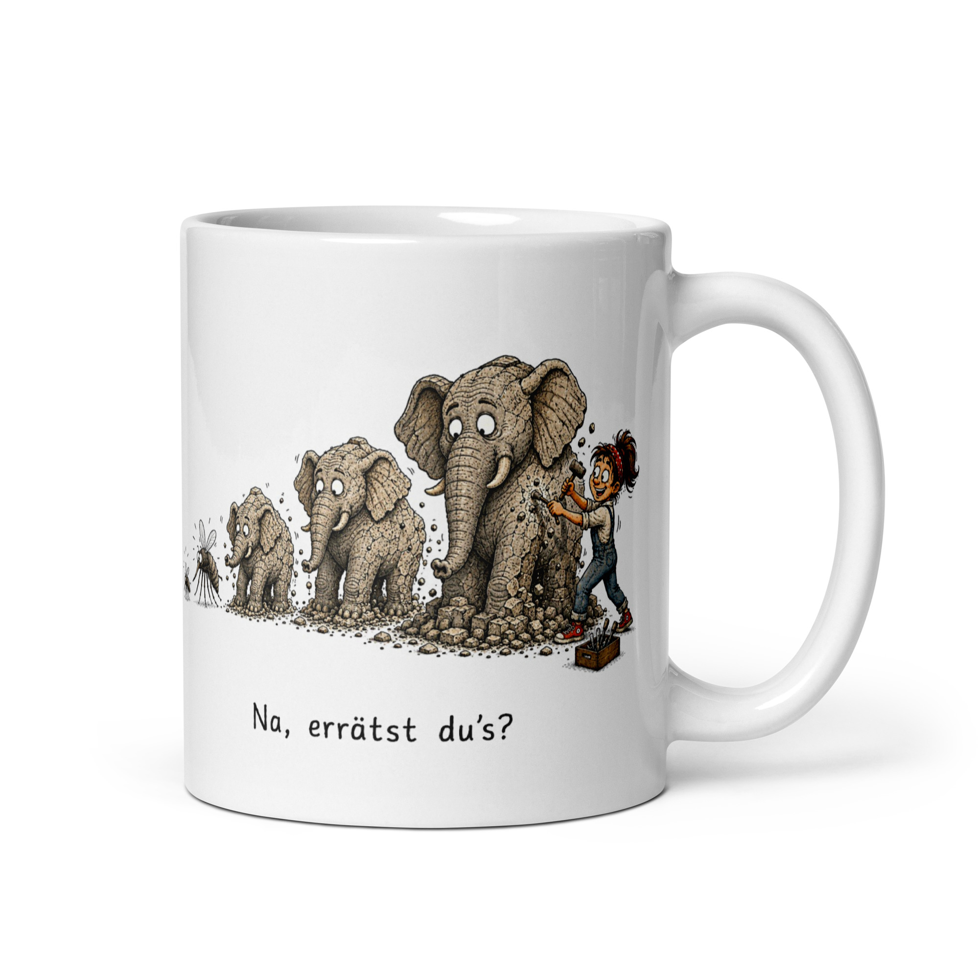 Kaffeetasse „Na, errätst du’s? – Aus einer Mücke einen Elefanten machen“