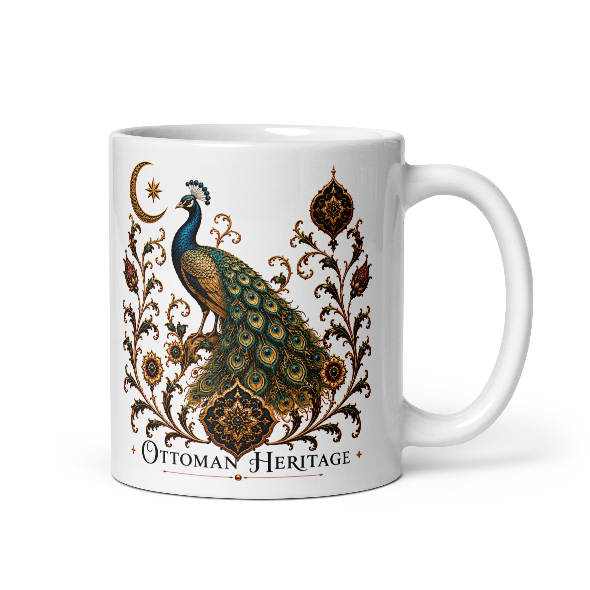 Kaffeetasse „Ottoman Heritage – Pfau“ – Osmanisch inspiriertes Kunstmotiv von Schönheit, Würde und Pracht