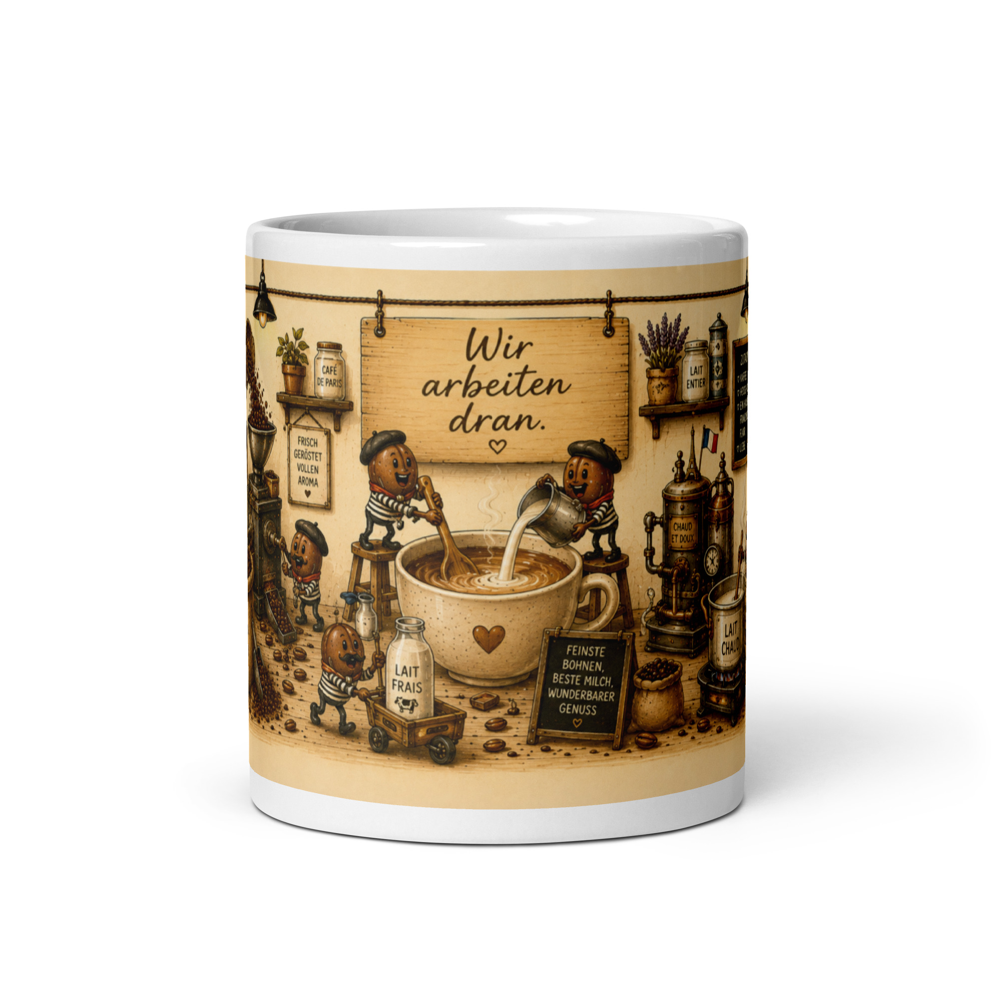 Kaffeetasse "Café au Lait - Wir arbeiten dran!" Panoramatasse mit Geschichte