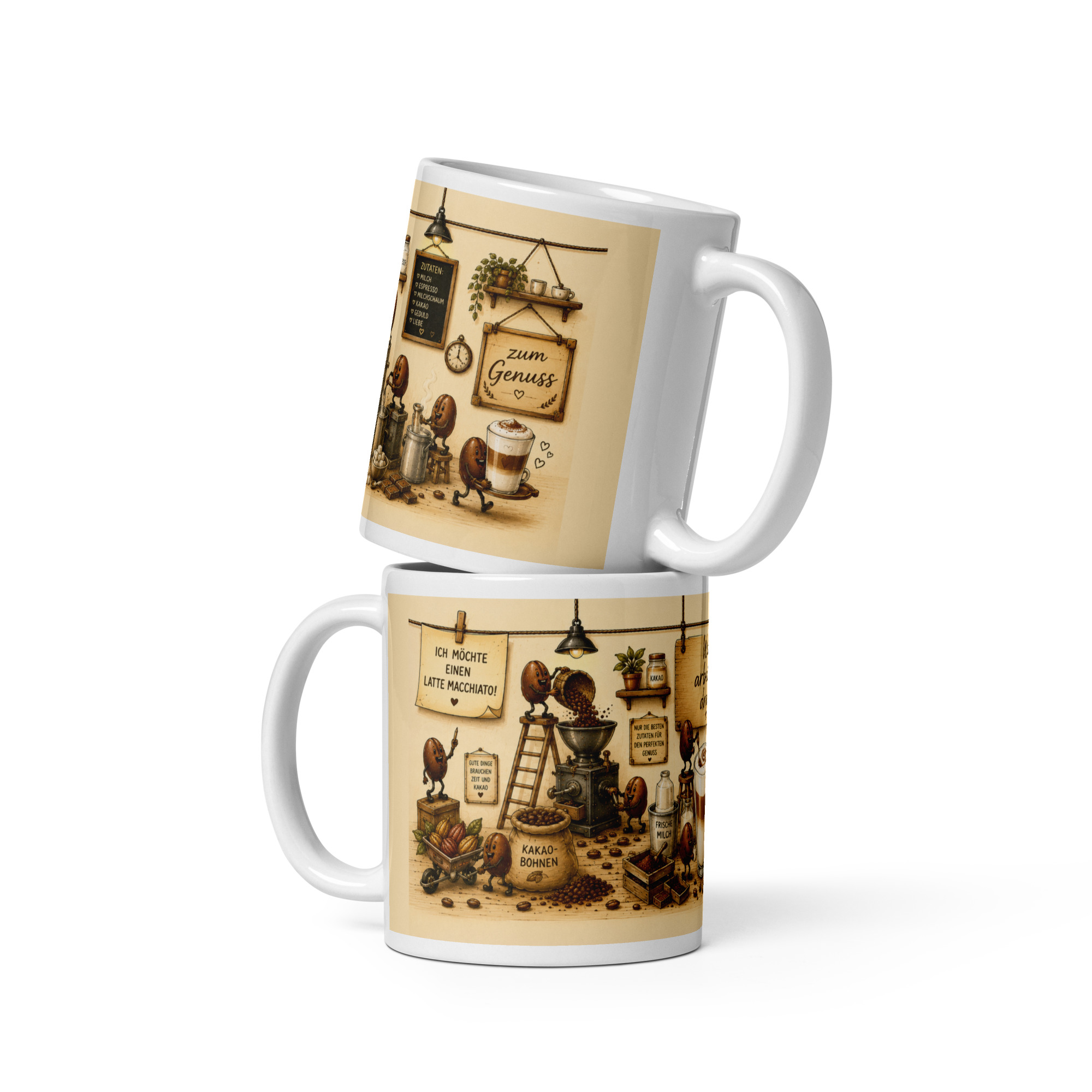 Kaffeetasse „Latte Macchiato – Wir arbeiten dran!“ – Panoramatasse mit Geschichte
