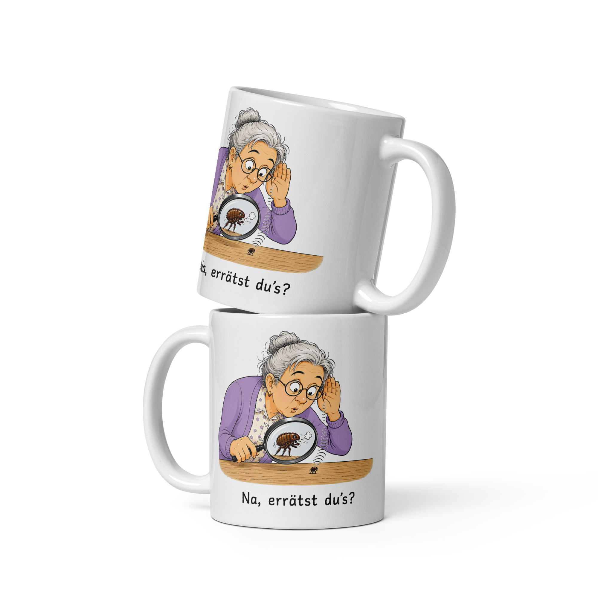 Kaffeetasse „Na, errätst du’s? – Den Floh husten hören“