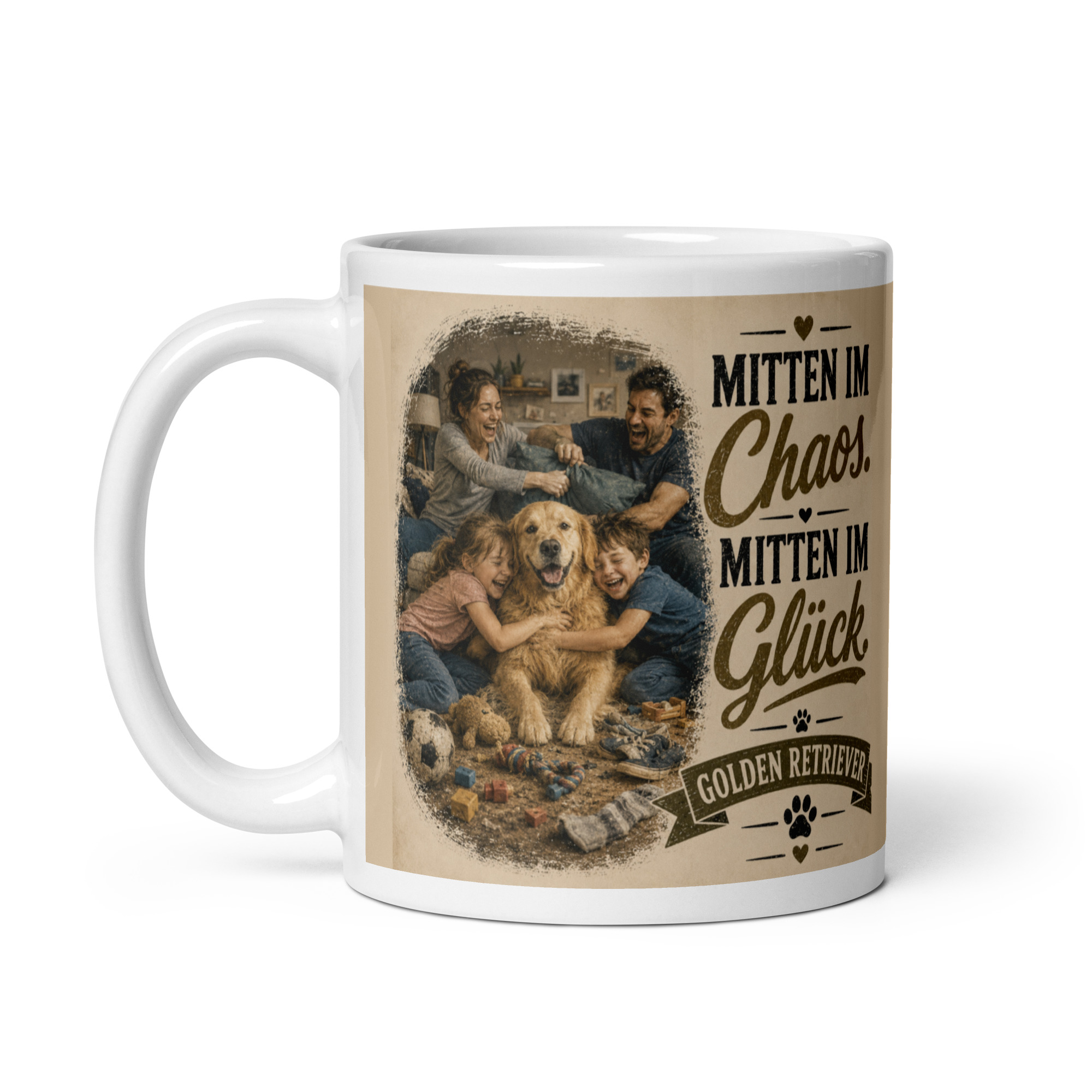Golden-Retriever-Tasse "Mitten im Chaos. Mitten im Glück." - Geschenk für Golden-Retrieverfans & Hundemenschen