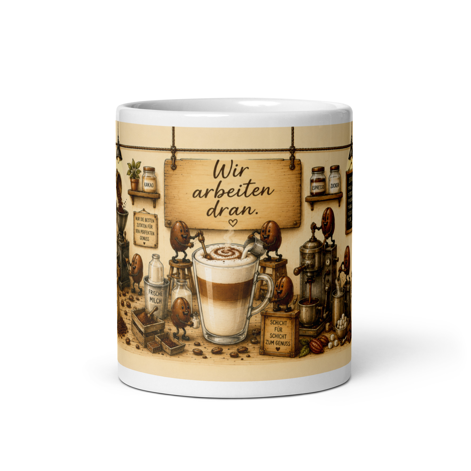 Kaffeetasse „Latte Macchiato – Wir arbeiten dran!“ – Panoramatasse mit Geschichte