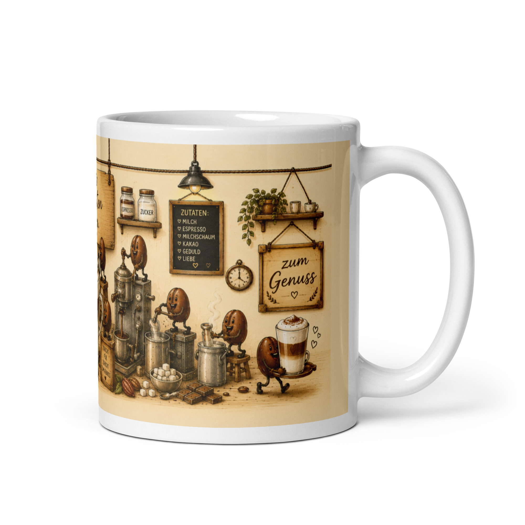Kaffeetasse „Latte Macchiato – Wir arbeiten dran!“ – Panoramatasse mit Geschichte