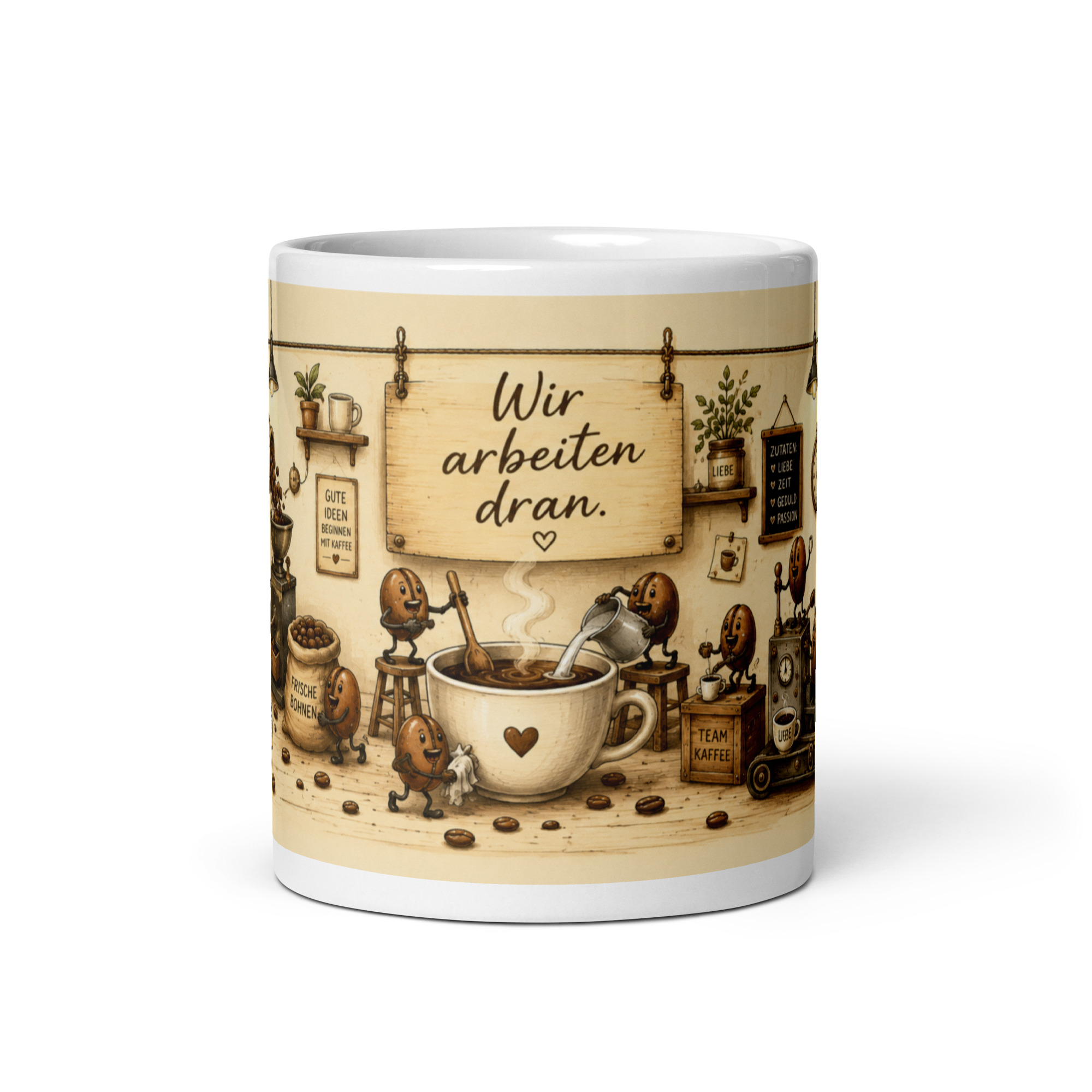 Kaffeetasse „Ich brauche Kaffee – Wir arbeiten dran!“ – Panoramatasse mit Geschichte