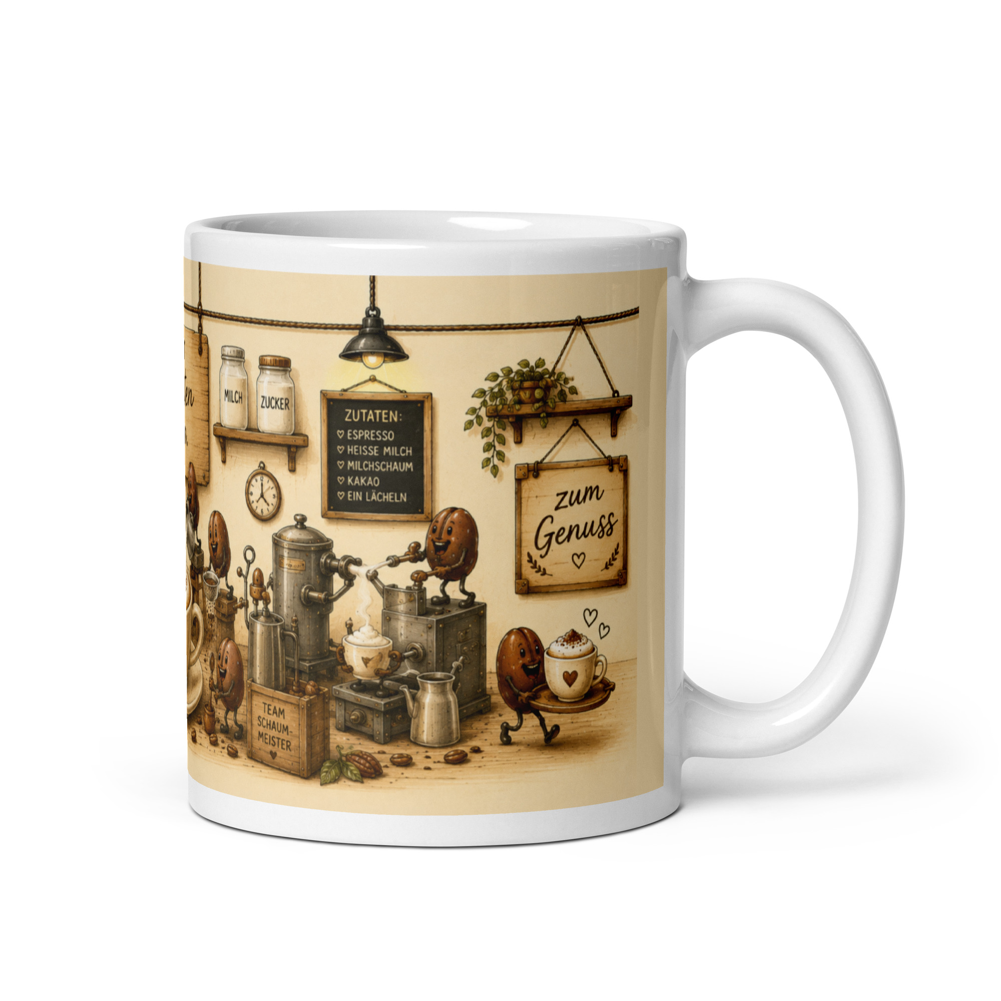 Kaffeetasse „Cappuccino – Wir arbeiten dran!“ – Panoramatasse mit Geschichte