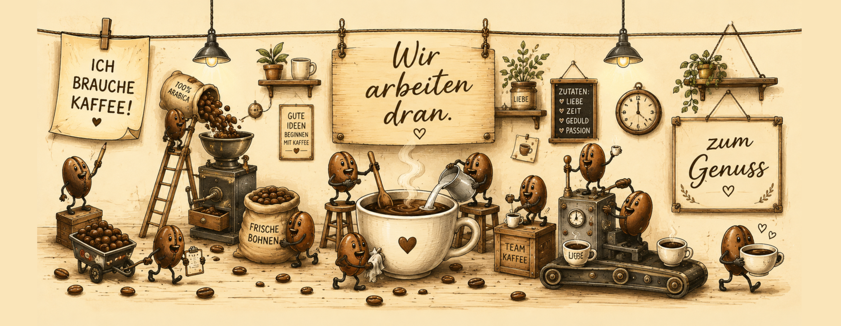 Kaffeetasse „Ich brauche Kaffee – Wir arbeiten dran!“ – Panoramatasse mit Geschichte