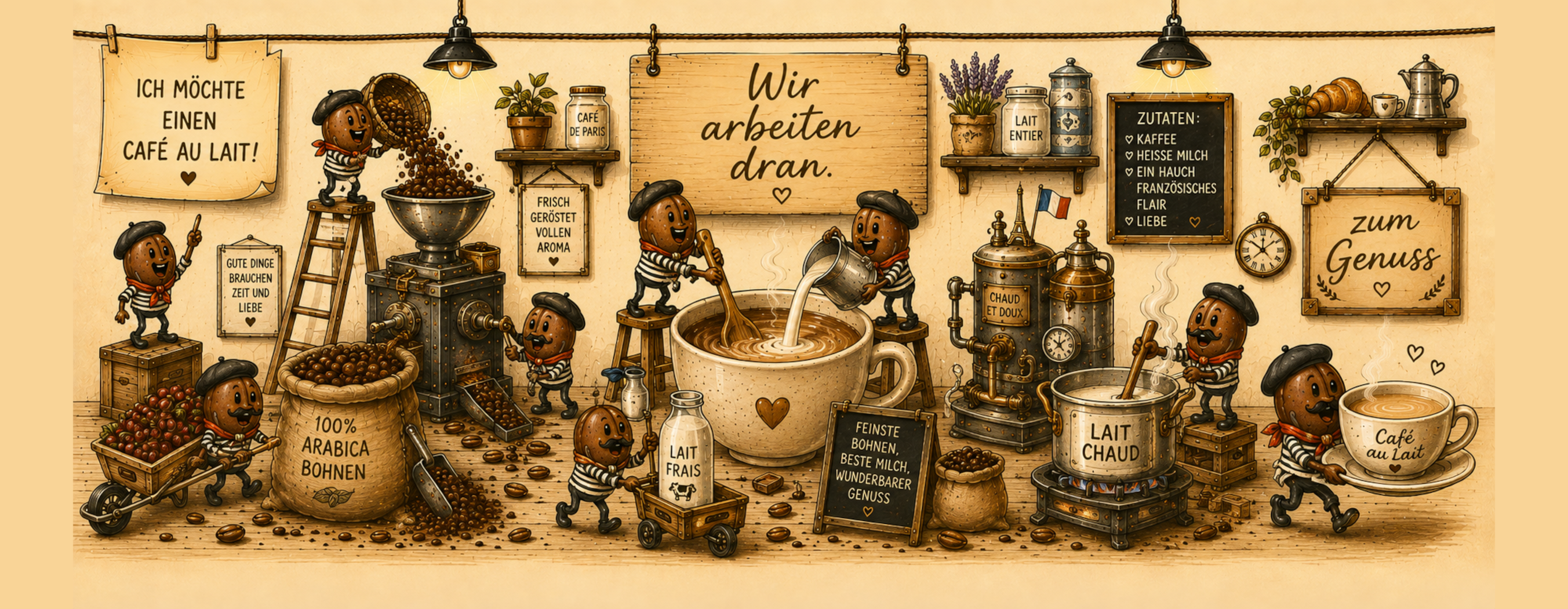 Kaffeetasse "Café au Lait - Wir arbeiten dran!" Panoramatasse mit Geschichte