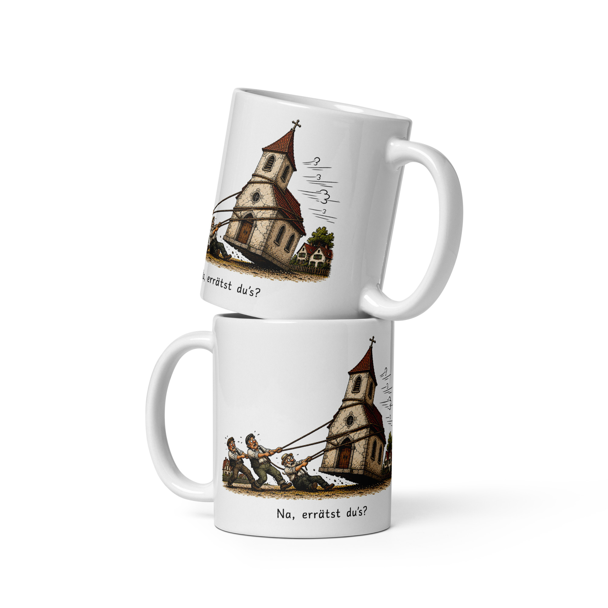Kaffeetasse „Na, errätst du’s? – Die Kirche im Dorf lassen“