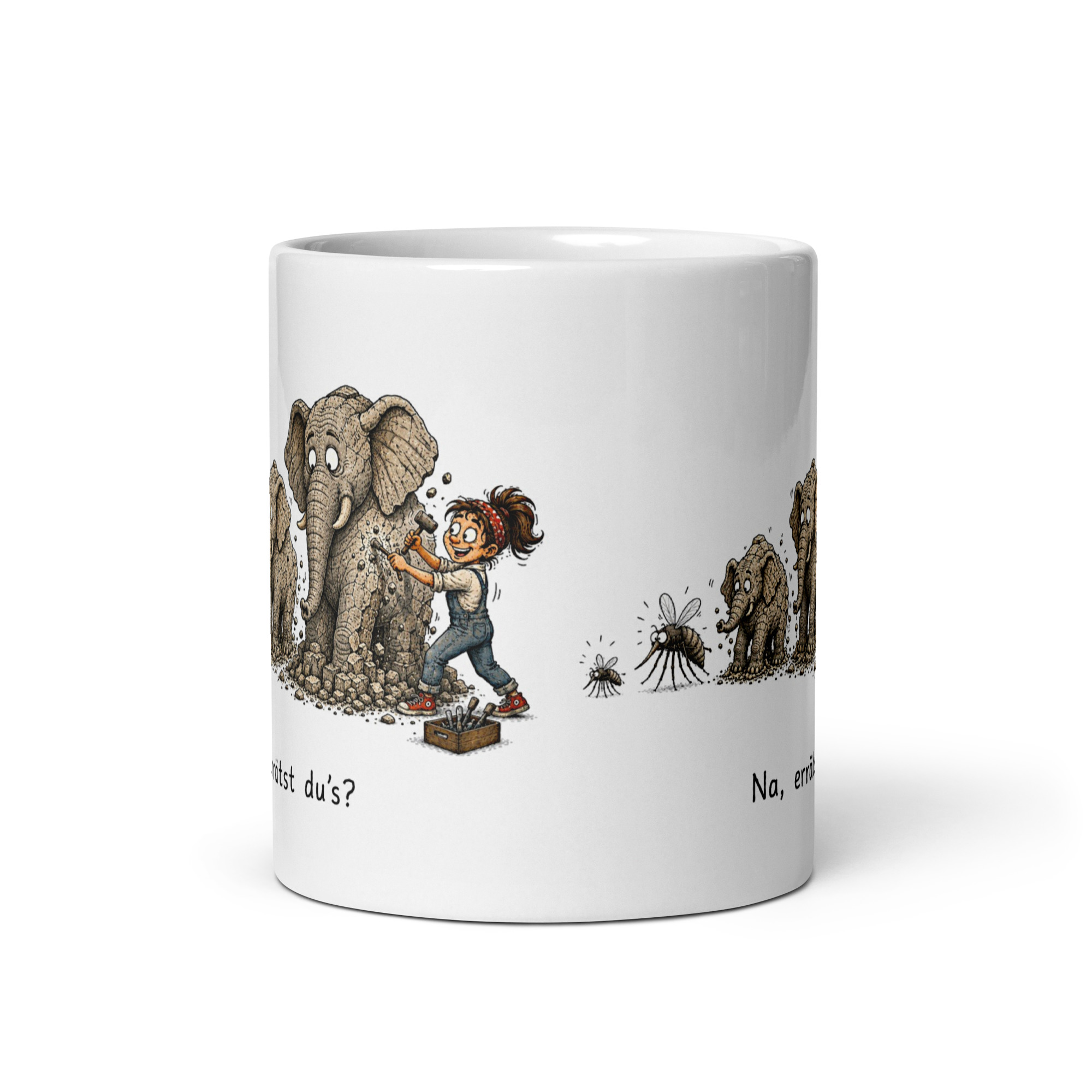 Kaffeetasse „Na, errätst du’s? – Aus einer Mücke einen Elefanten machen“