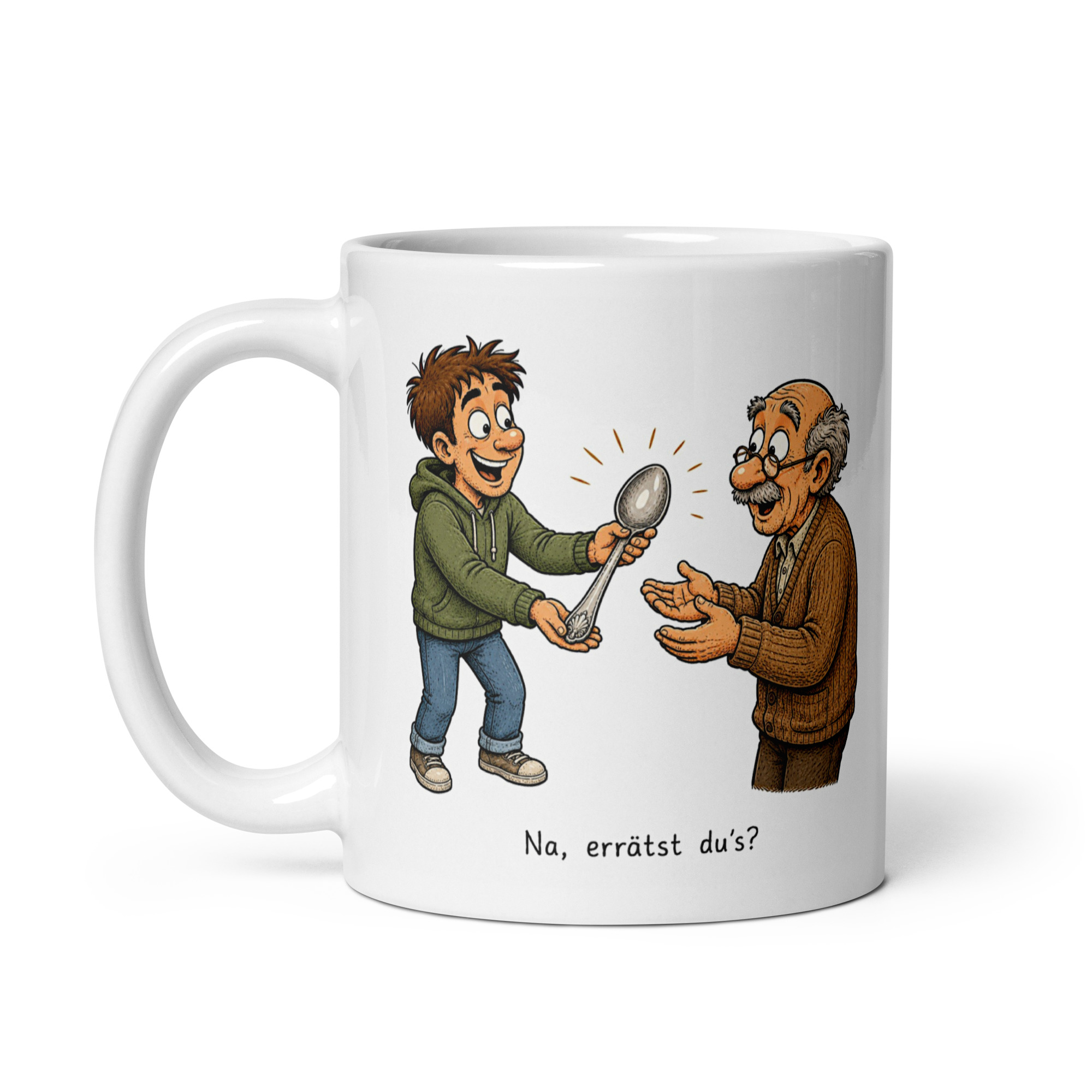 Kaffeetasse „Na, errätst du’s? – Den Löffel abgeben“