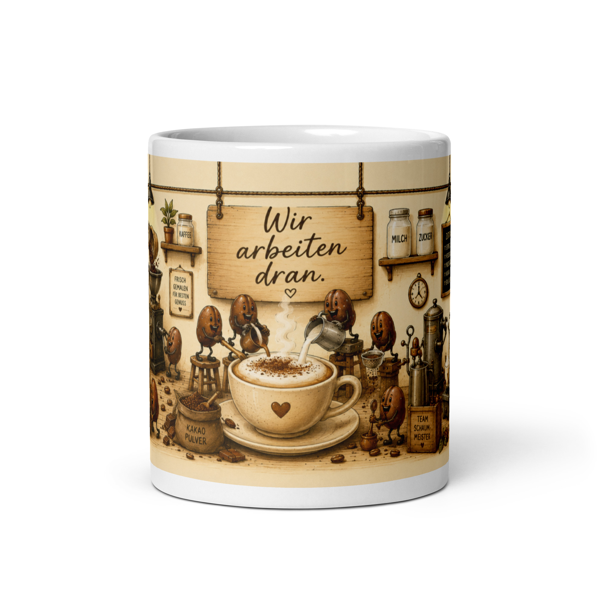 Kaffeetasse „Cappuccino – Wir arbeiten dran!“ – Panoramatasse mit Geschichte