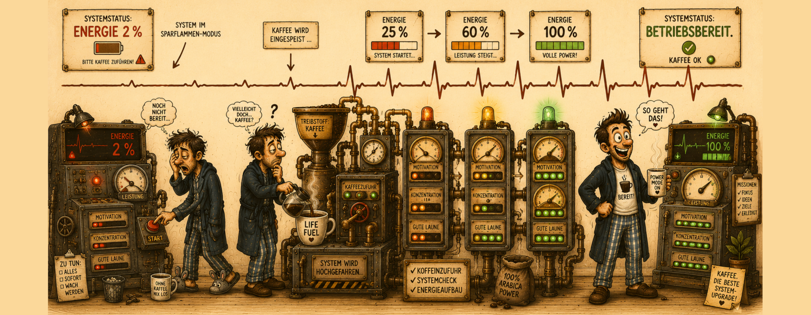 Kaffeetasse „Kaffee-System – Energie 2 % auf 100 %“ – Panoramatasse mit Geschichte