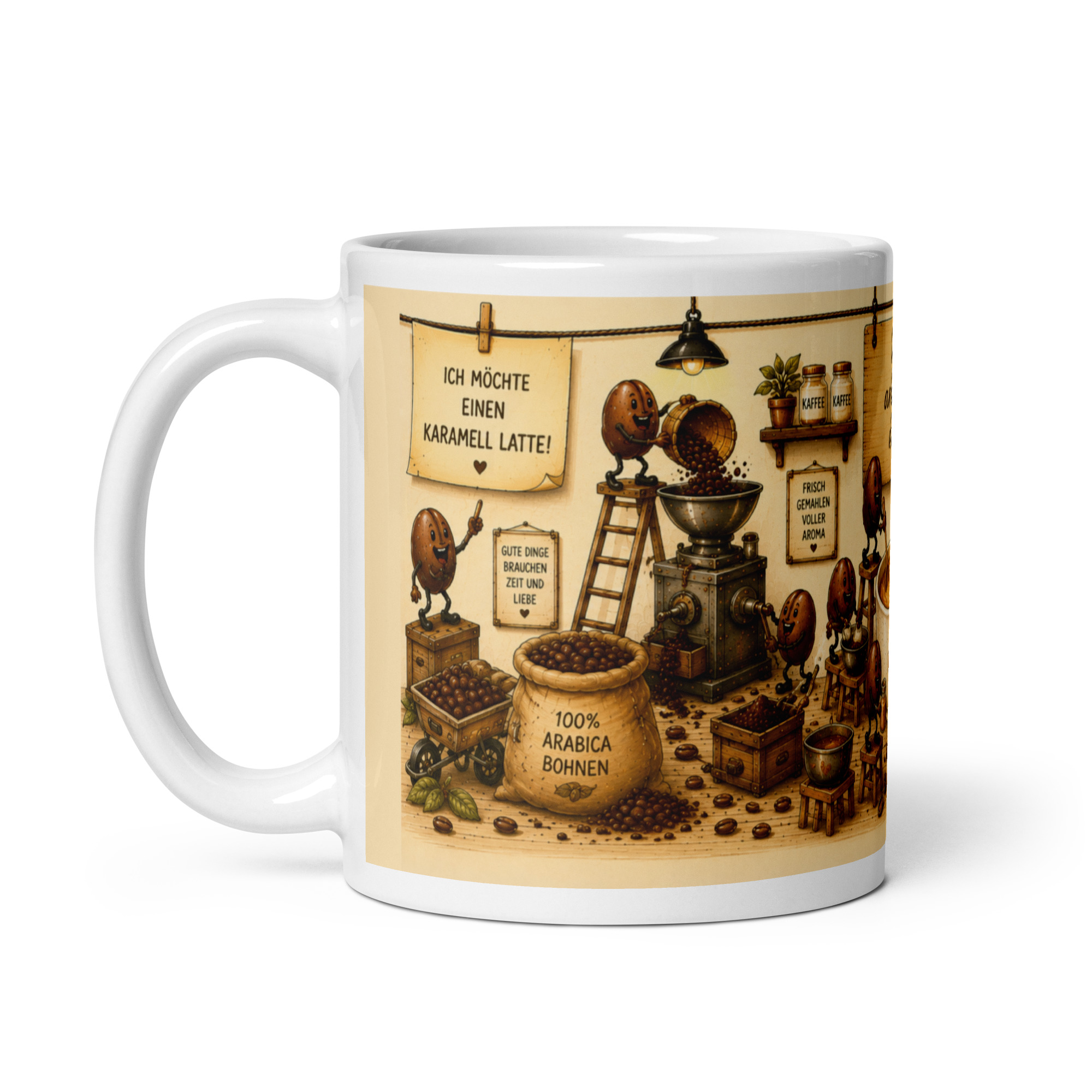 Kaffeetasse „Karamell Latte – Wir arbeiten dran!“ – Panoramatasse mit Geschichte