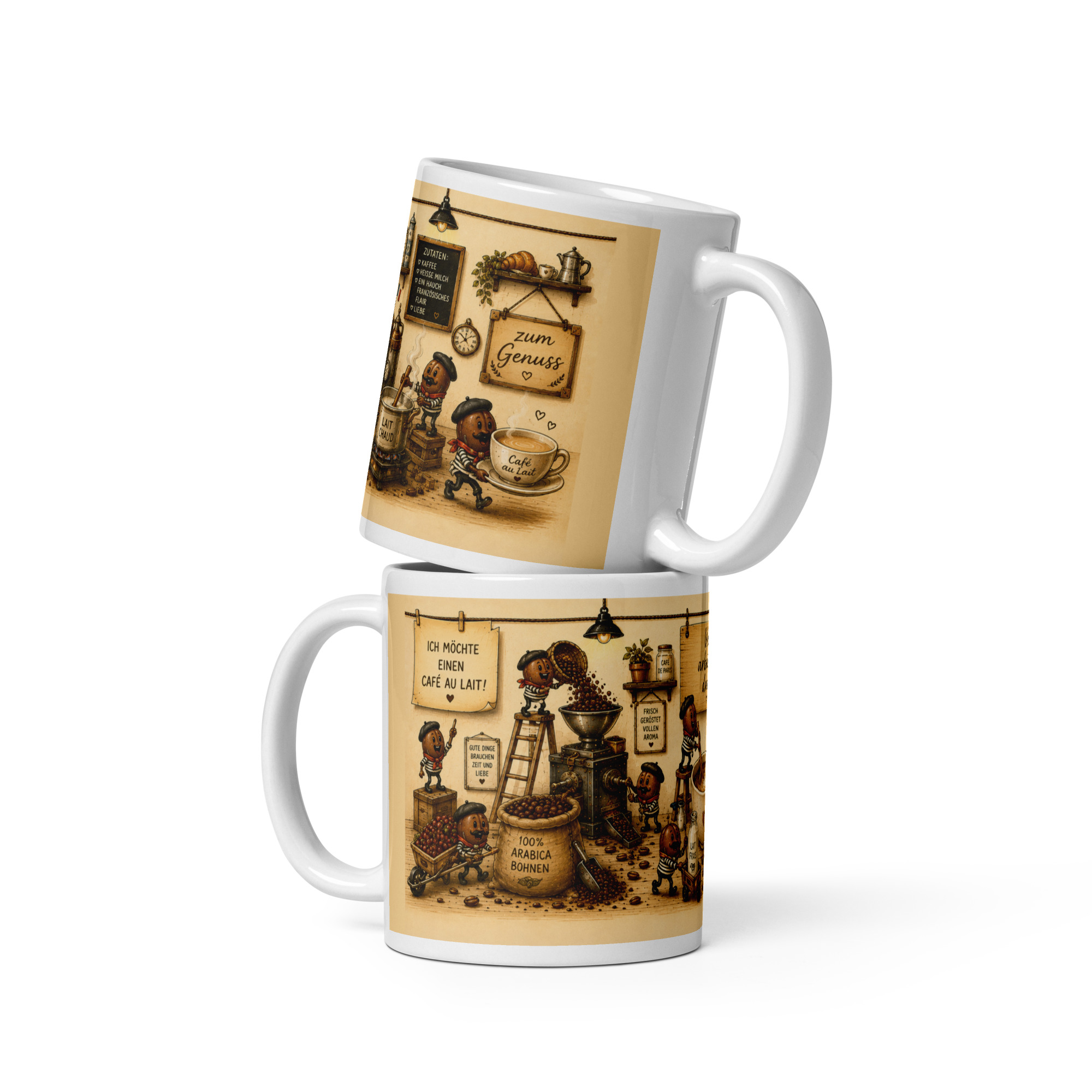 Kaffeetasse "Café au Lait - Wir arbeiten dran!" Panoramatasse mit Geschichte