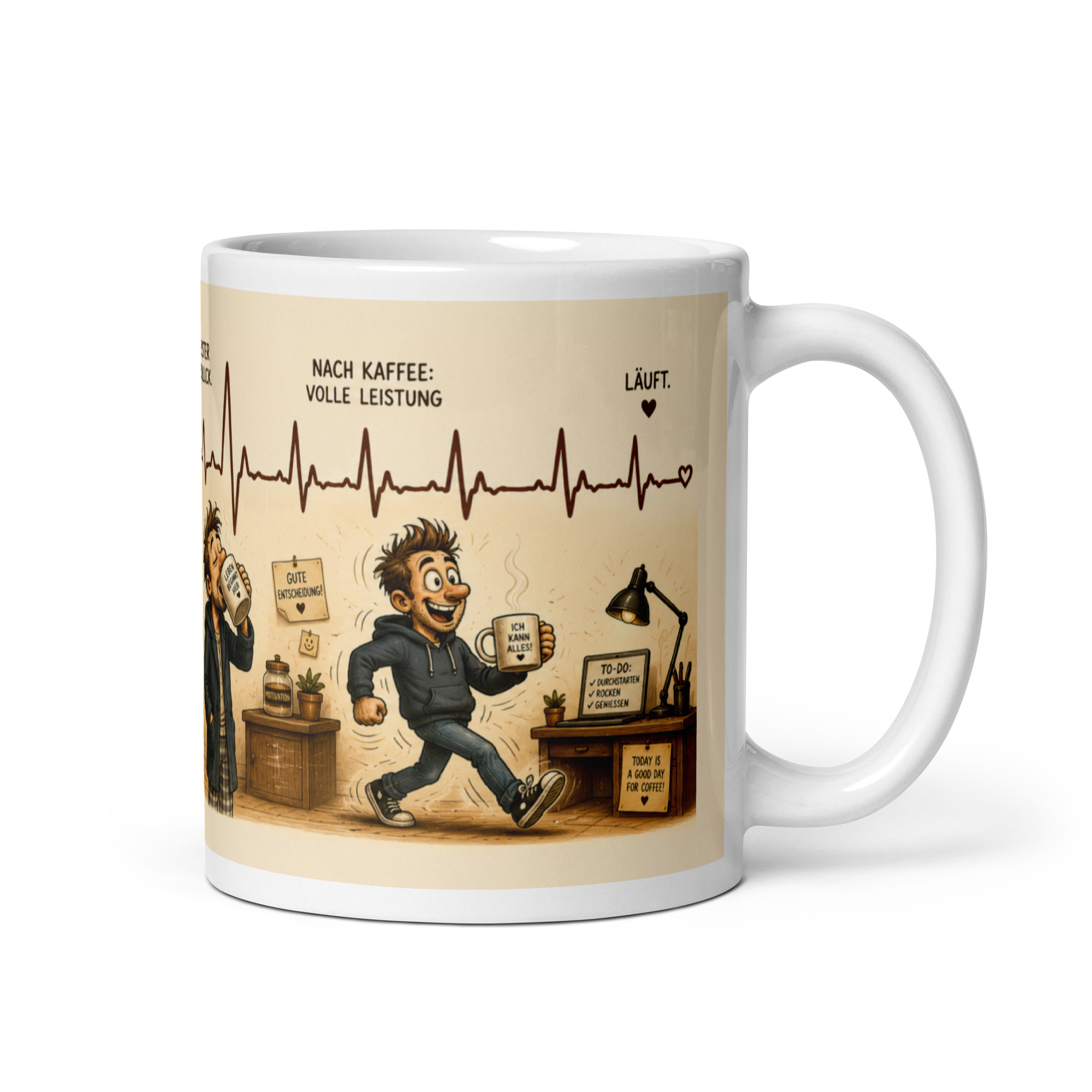 Kaffeetasse „Von Sparflamme auf volle Leistung“ – EKG-Kaffeegeschichte