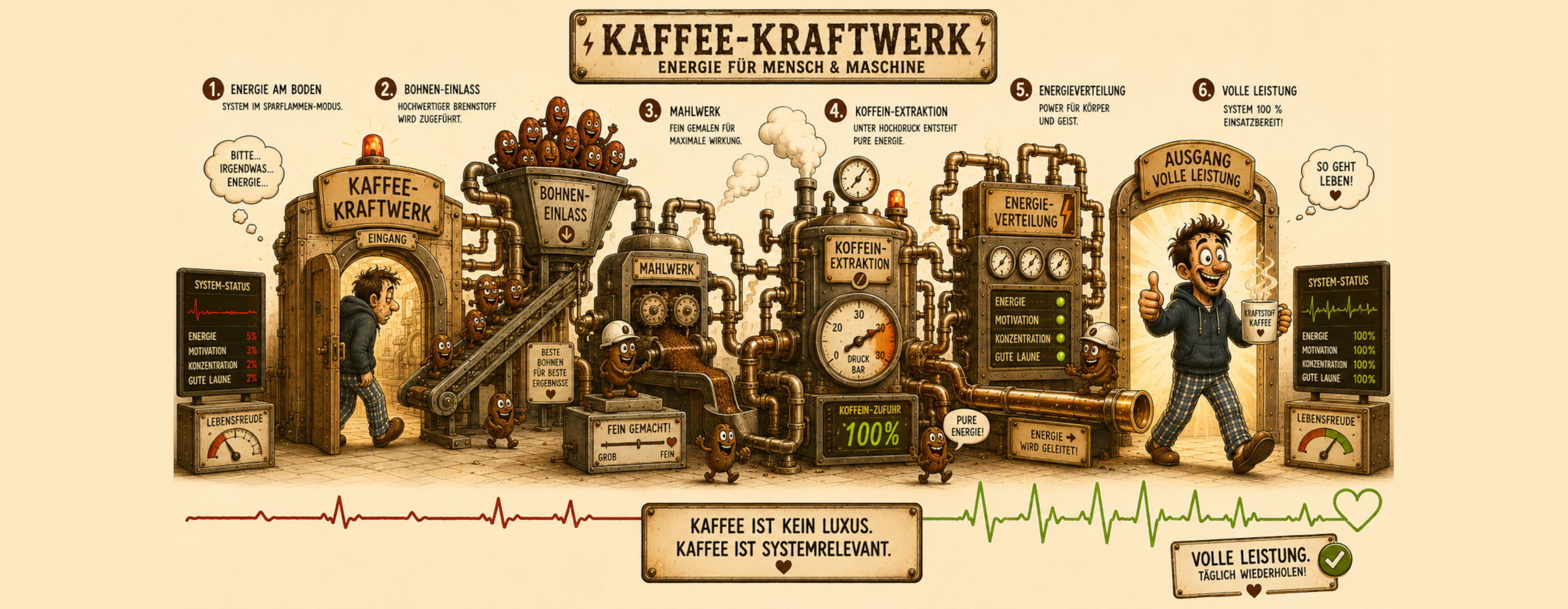Kaffeetasse „Kaffee-Kraftwerk – Energie für Mensch & Maschine“ – Panoramatasse mit Geschichte