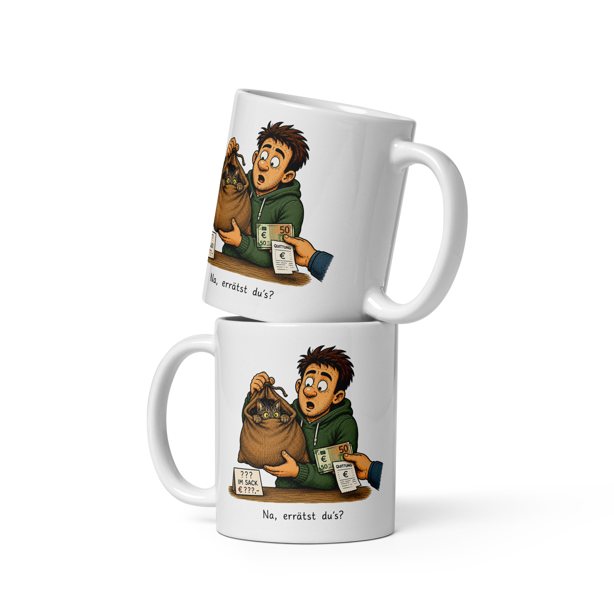 Kaffeetasse „Na, errätst du’s? – Die Katze im Sack kaufen“