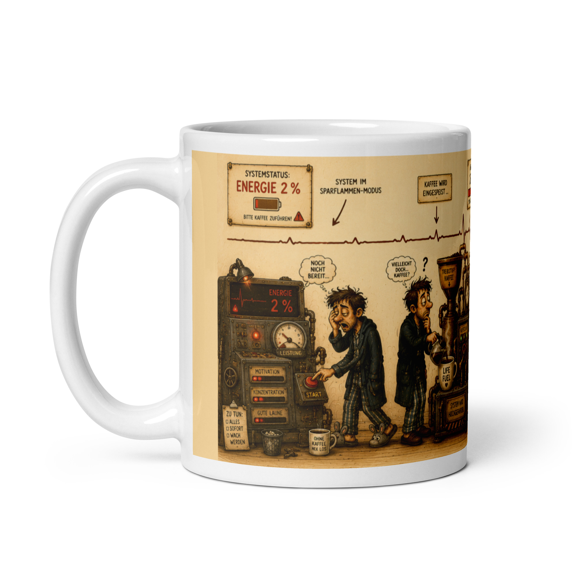 Kaffeetasse „Kaffee-System – Energie 2 % auf 100 %“ – Panoramatasse mit Geschichte