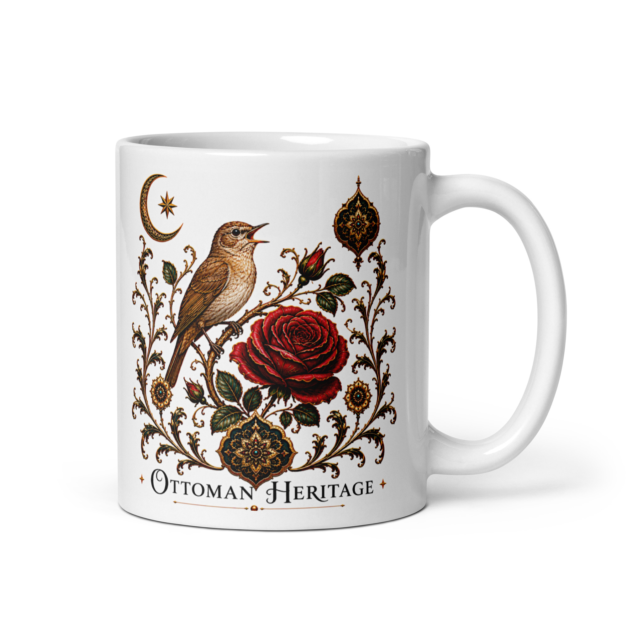 Kaffeetasse „Ottoman Heritage – Nachtigall und Rose“ – Osmanisch inspiriertes Kunstmotiv von Liebe, Poesie und Schönheit