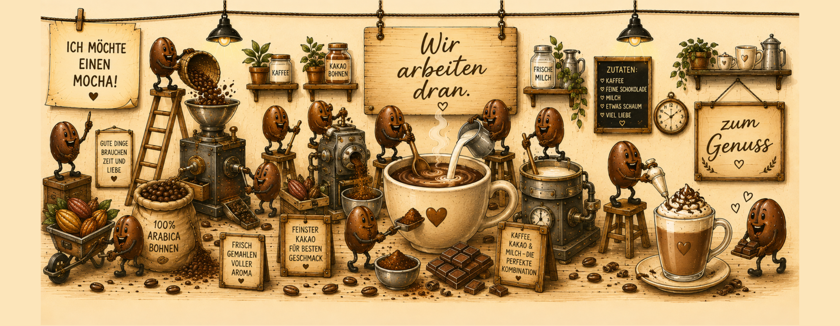 Kaffeetasse „Mocha – Wir arbeiten dran!“ – Panoramatasse mit Geschichte