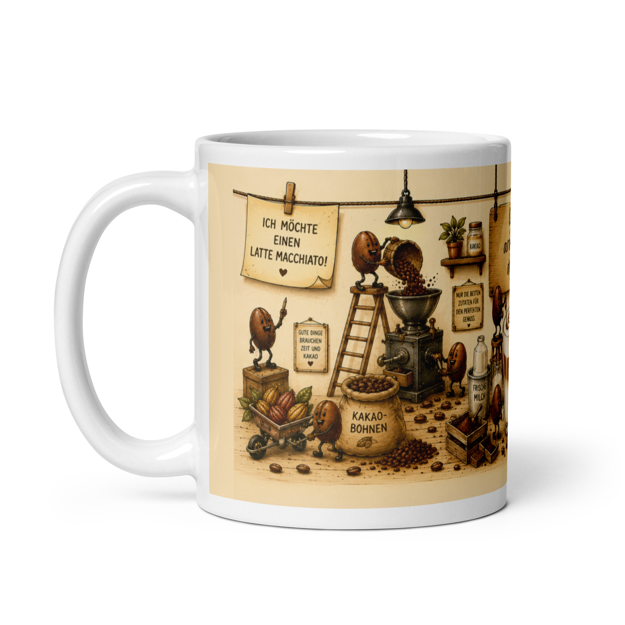 Kaffeetasse „Latte Macchiato – Wir arbeiten dran!“ – Panoramatasse mit Geschichte