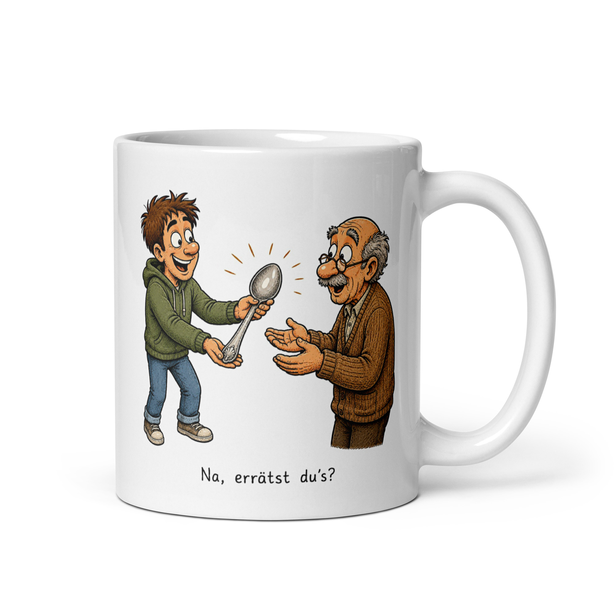 Kaffeetasse „Na, errätst du’s? – Den Löffel abgeben“