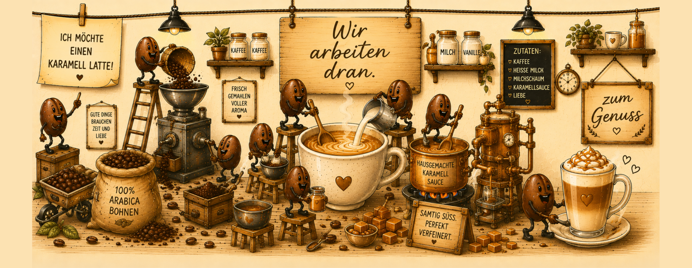 Kaffeetasse „Karamell Latte – Wir arbeiten dran!“ – Panoramatasse mit Geschichte