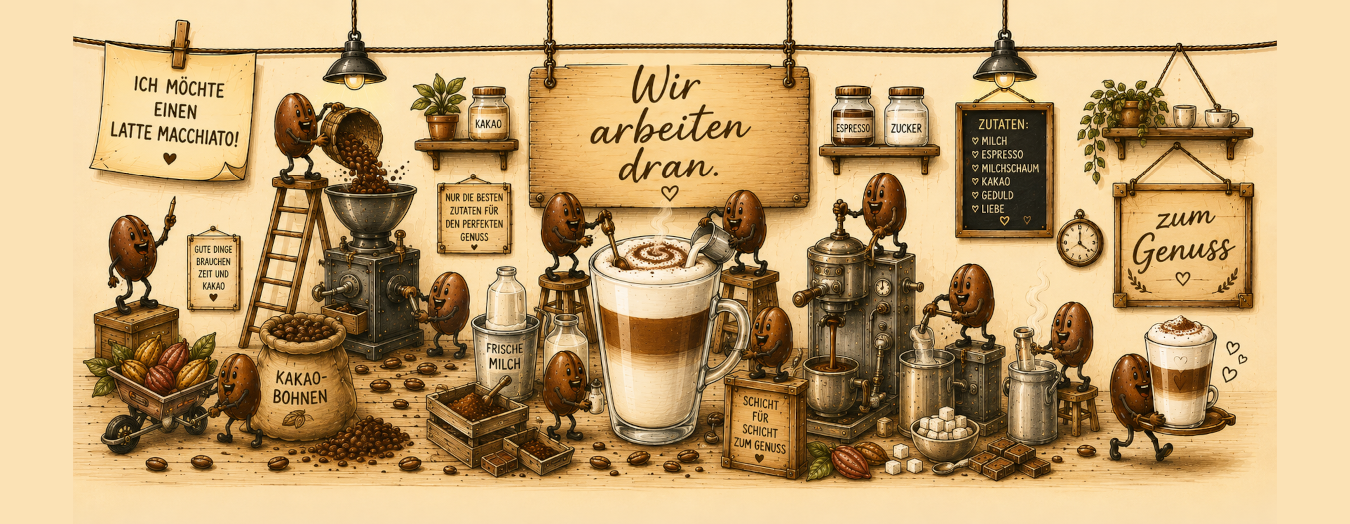 Kaffeetasse „Latte Macchiato – Wir arbeiten dran!“ – Panoramatasse mit Geschichte